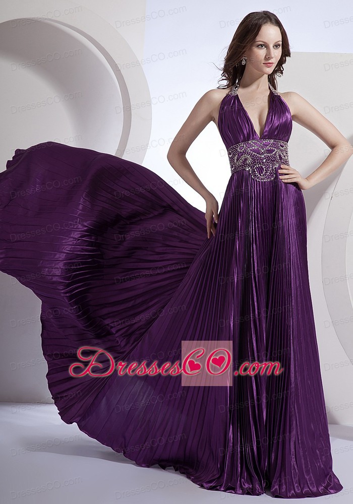 Beading Decorate Bodice Halter A-line Elastic Woven Satin Count Train Prom Dress
