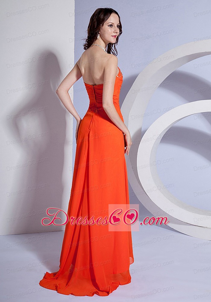 Beading Decorate Bust Neckline High Slit Orange Red Chiffon Brush Train Prom Dress