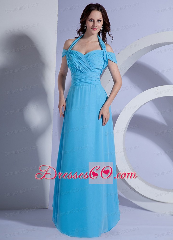 Ruching Decorate Bodice Aqua Blue Chiffon Long Prom Dress