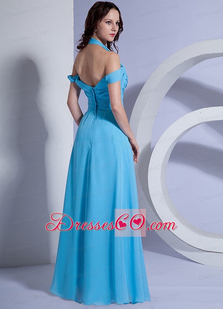 Ruching Decorate Bodice Aqua Blue Chiffon Long Prom Dress