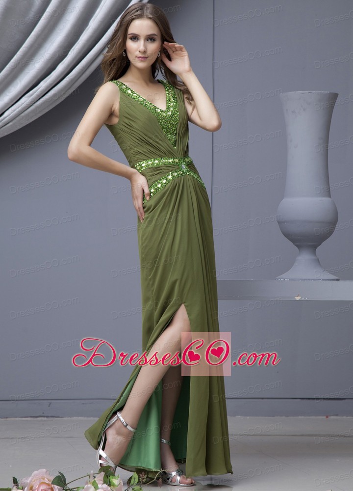 Beading Decorate Bodice V-neck High Slit Olive Green Chiffon Prom Dress Long
