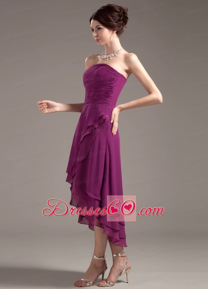 Ruching Decorate Bodice High-low Dark Purple Strapless Prom Dress