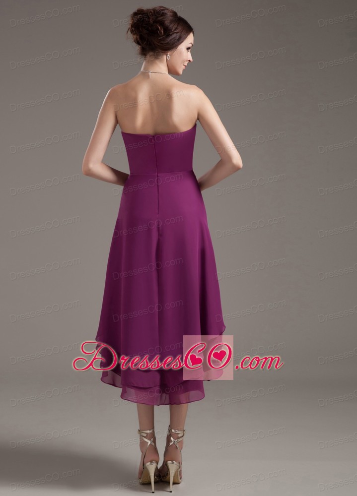 Ruching Decorate Bodice High-low Dark Purple Strapless Prom Dress