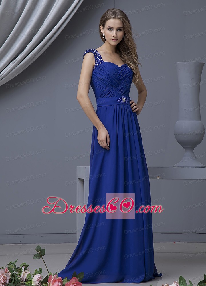 Beading Decorate Bodice Straps Blue Chiffon Long Prom Dress