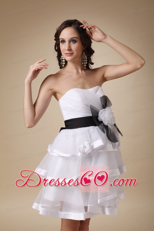 White A-line Strapless Mini-length Organza And Satin Hand Made Flower Prom Dress