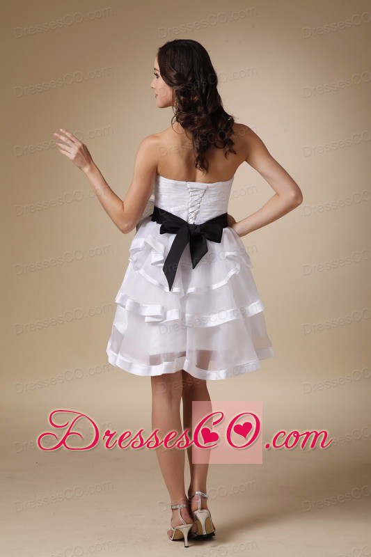 White A-line Strapless Mini-length Organza And Satin Hand Made Flower Prom Dress