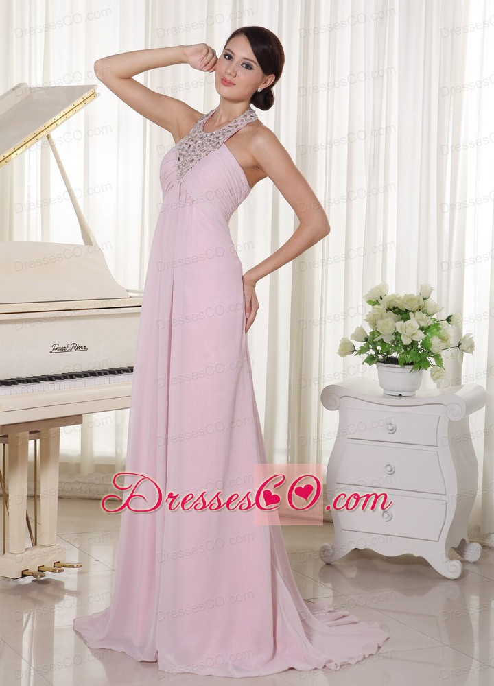 Baby Pink Halter Beaded Chiffon Prom Dress With Brush Train