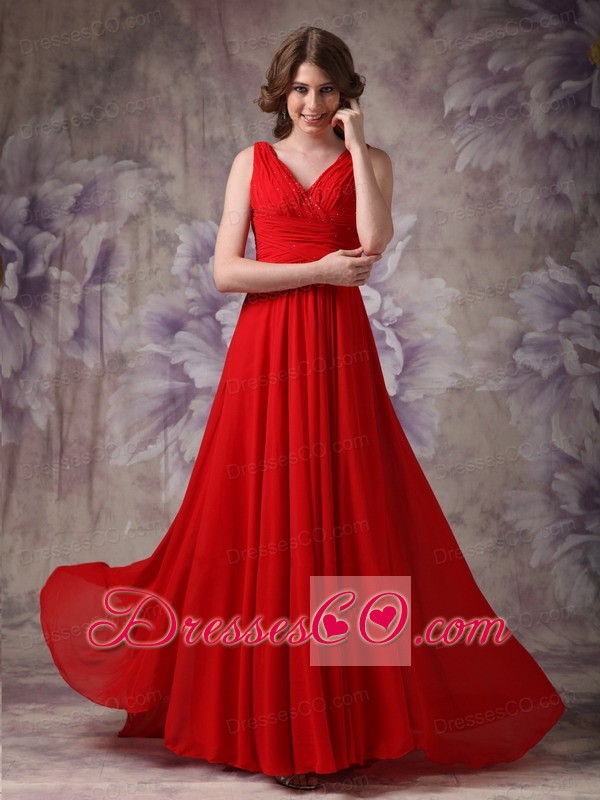 Exclusive Red Empire V-neck Evening Dress Chiffon Ruching and Beading Brush Train