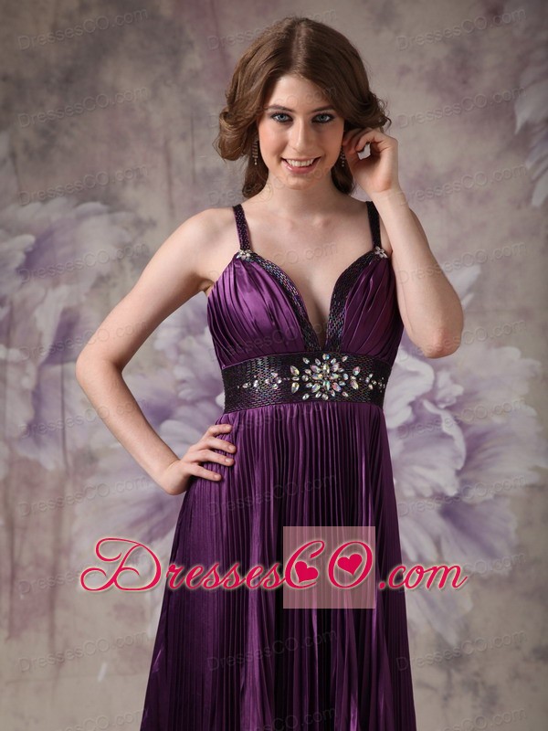 Customize Dark Purple Column Evening Dress Spaghetti Straps Elastic Woven Satin Beading Long