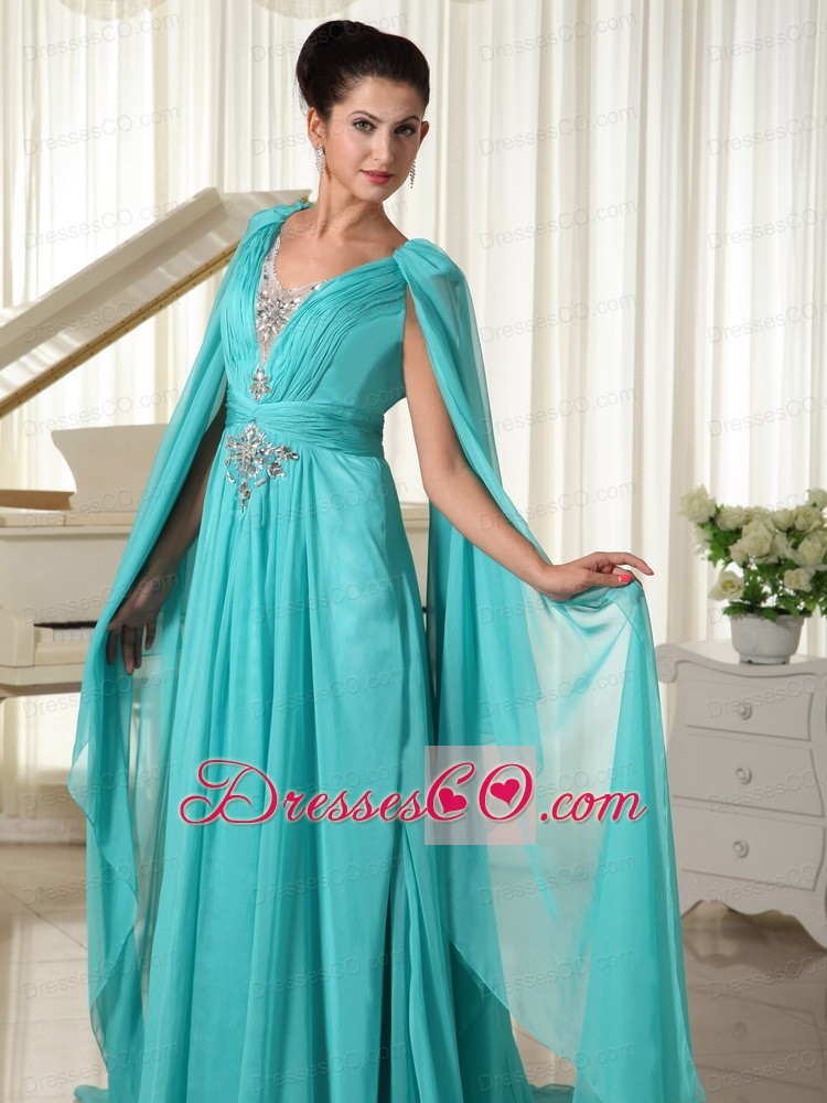 Long Sleeves V-neck Turquoise Chiffon Wonderful Prom Dress With Appliques and Beading
