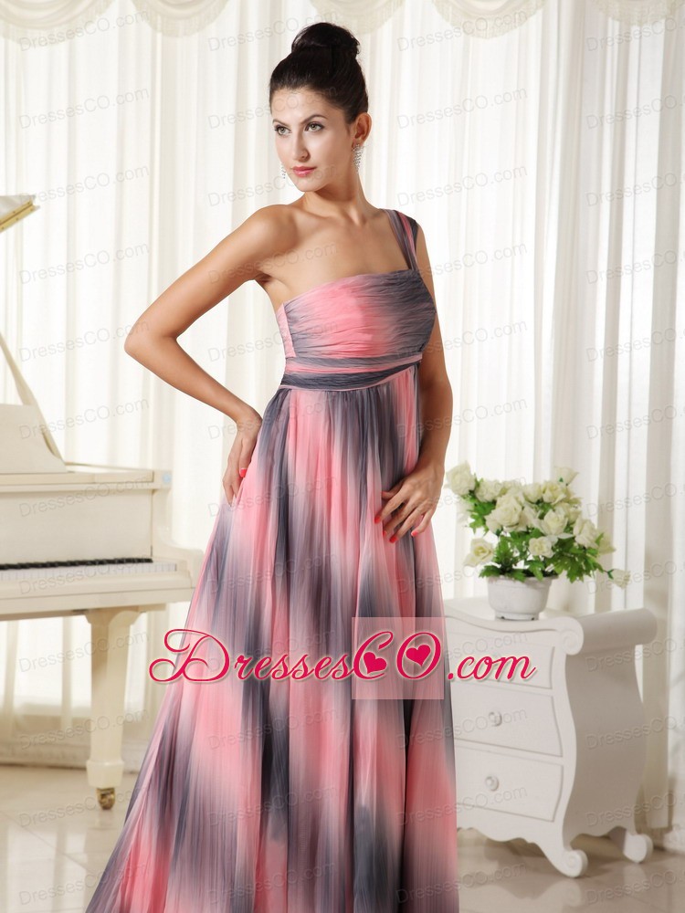 Ombre Color Chiffon One Shoulder Prom Dress With Court Train