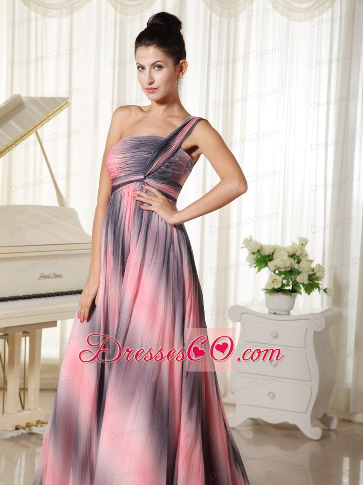 Ombre Color Chiffon One Shoulder Prom Dress With Court Train