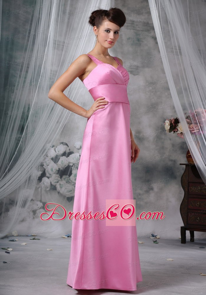 Custom Made Straps Long Satin Pink Bridesmaid Dress For 2013