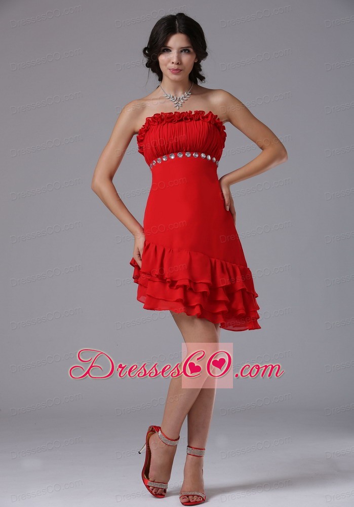 Red Strapless Asymmetrical and Beading For Homecoming Dress