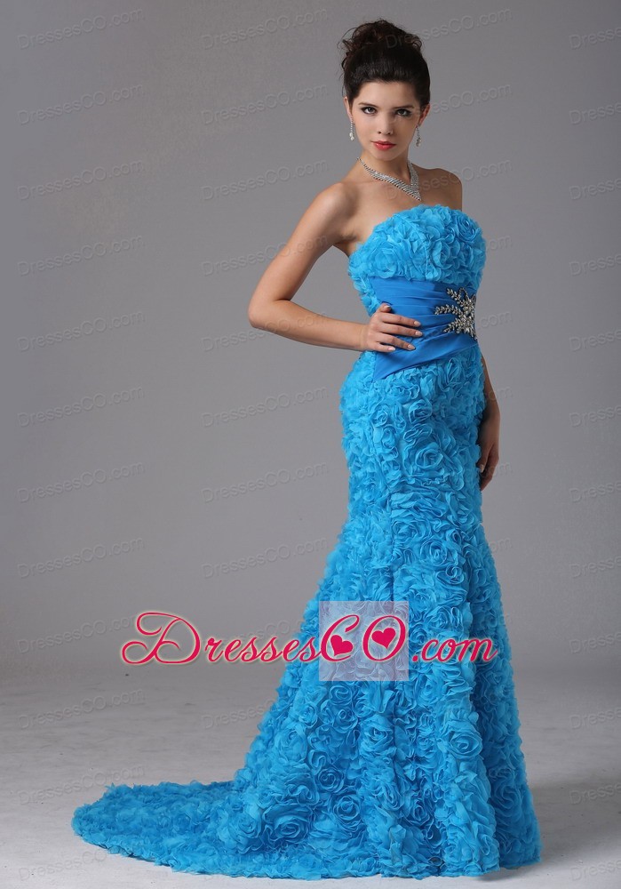 Fabric With Rolling Flower Baby Blue Beading Evening Dress With Brush Train
