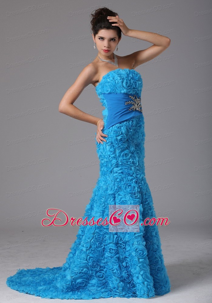 Fabric With Rolling Flower Baby Blue Beading Evening Dress With Brush Train