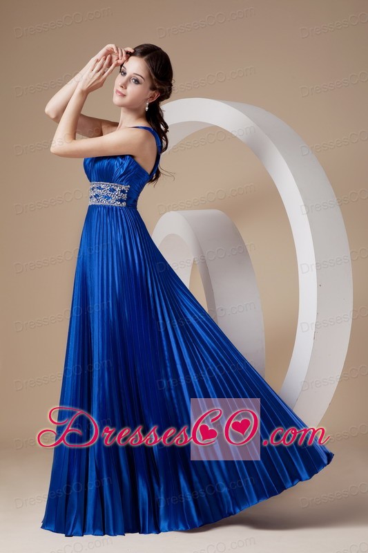 Royal Blue Empire One Shoulder Prom Dress Elastic Woven Satin Beading