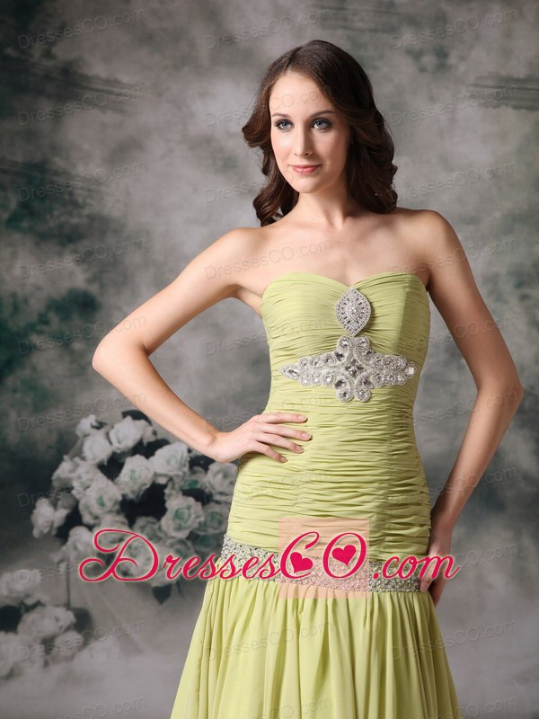 Customize Yellow Green Prom Dress Mermaid Chiffon Beading Court Train