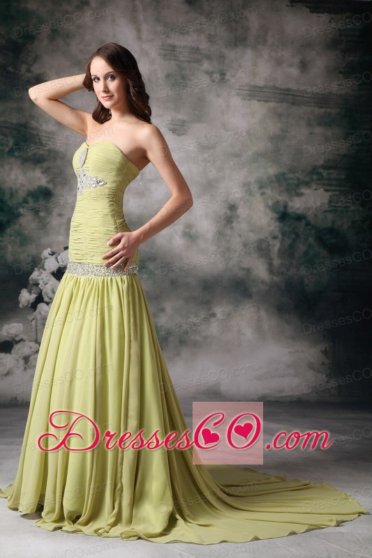 Customize Yellow Green Prom Dress Mermaid Chiffon Beading Court Train