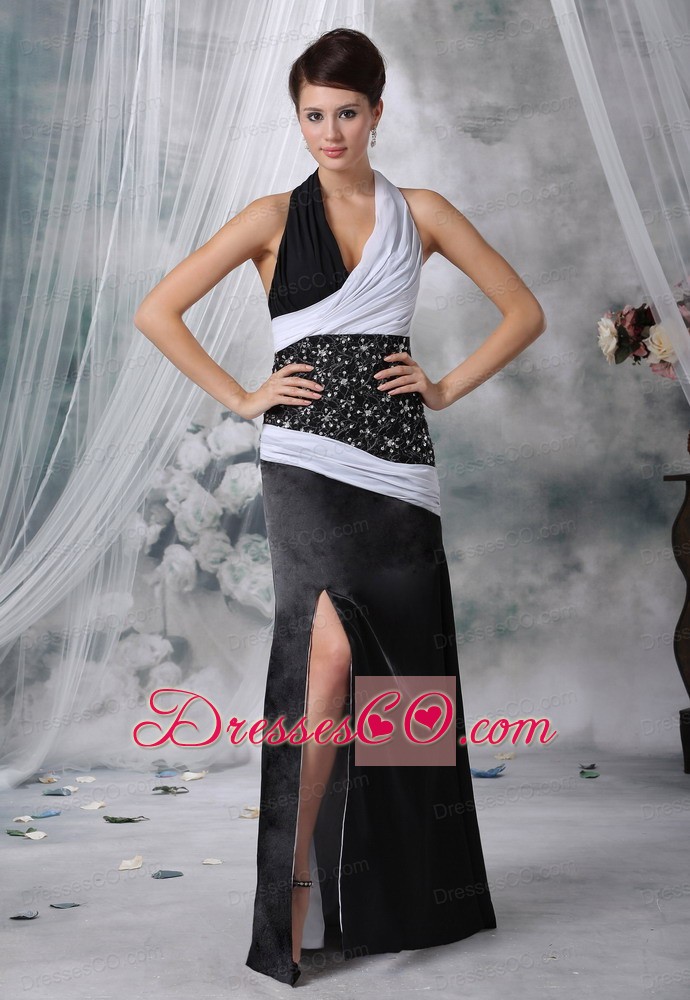 Halter Beaded Decorate Waist Chiffon and Satin White and Black For Prom / Evening Dress