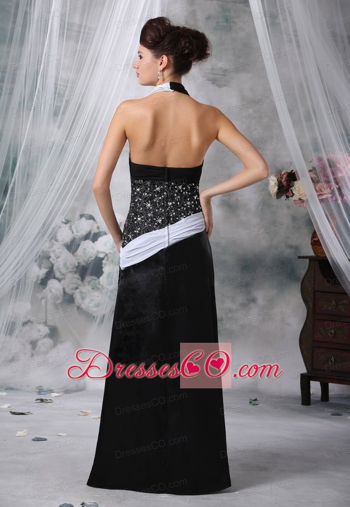 Halter Beaded Decorate Waist Chiffon and Satin White and Black For Prom / Evening Dress