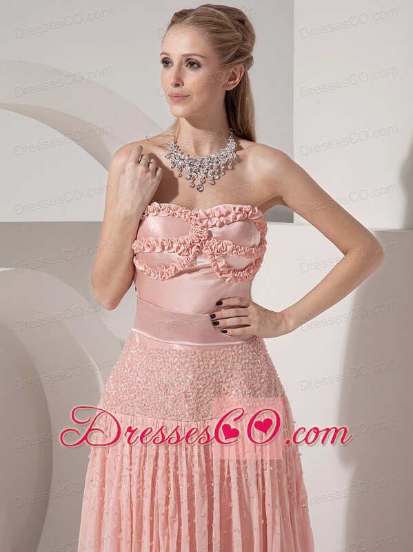 Customize Light Pink Evening Dress Column Strapless Chiffon And Taffeta Beading Ankle-length