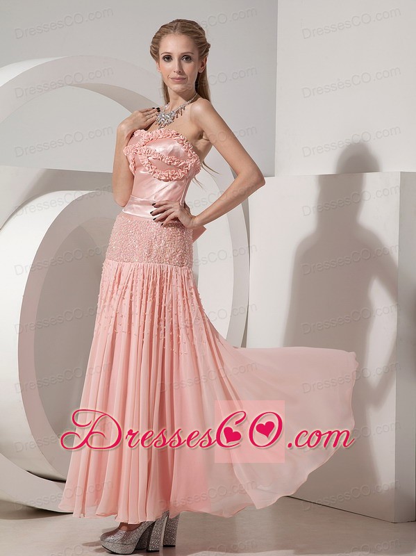 Customize Light Pink Evening Dress Column Strapless Chiffon And Taffeta Beading Ankle-length
