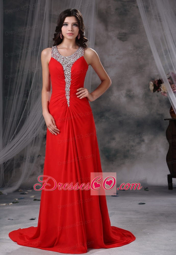 Beaded Decorate Scoop Bust Brush Train Red Chiffon Style For Prom / Evening Dress