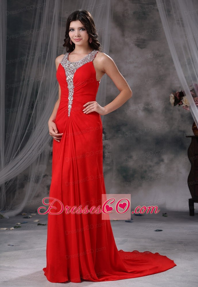 Beaded Decorate Scoop Bust Brush Train Red Chiffon Style For Prom / Evening Dress