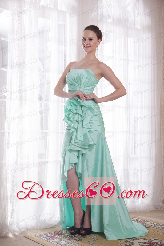 Apple Green A-line / Princess Strapless High-low Taffeta Hand Made Flower Prom Dress