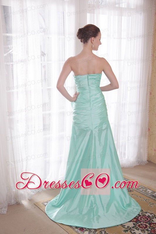 Apple Green A-line / Princess Strapless High-low Taffeta Hand Made Flower Prom Dress