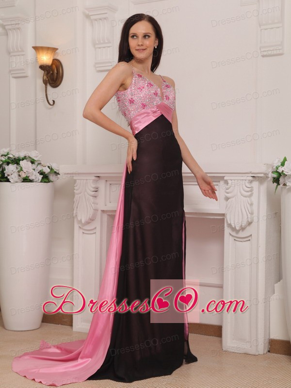 Pink and Black Column Straps Brush Train Elastic Woven Satin Beading Prom Dress