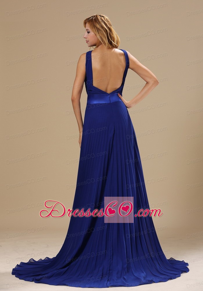 V-neck Brush Train Royal Blue Pleat Prom / Evening Dress