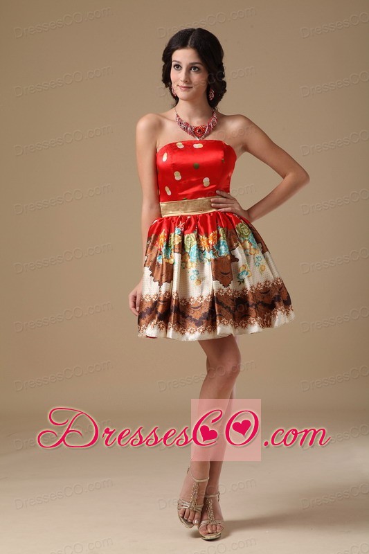 Multi-color A-line Strapless Mini-length Printing Prom Dress
