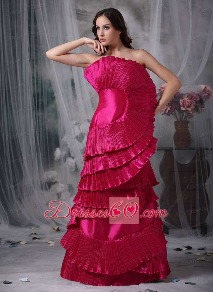 Pretty Hot Pink Evening Dress Column / Sheath Strapless Taffeta Ruching Long