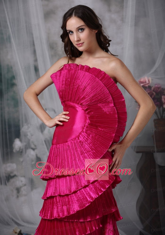 Pretty Hot Pink Evening Dress Column / Sheath Strapless Taffeta Ruching Long