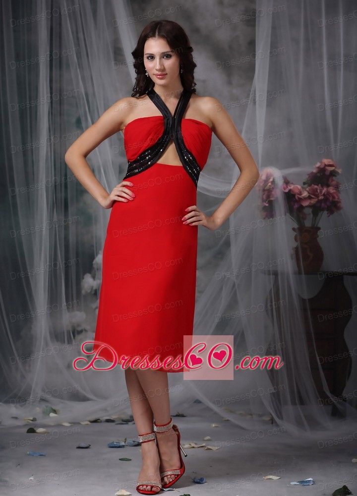 Red And Black Column V-neck Tea-length Chiffon Beading Prom Dress