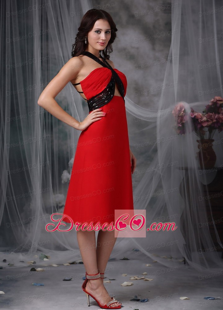 Red And Black Column V-neck Tea-length Chiffon Beading Prom Dress