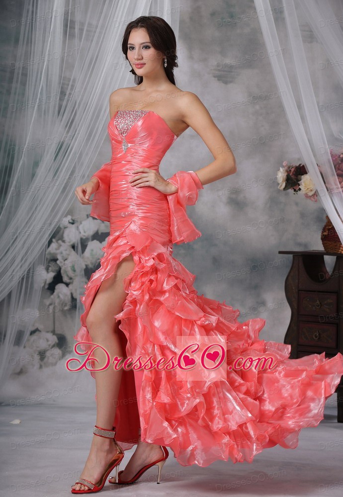 Beaded Decorate Bust Ruched Watermelon Red High Slit Brush Train  Prom / Evening Dress