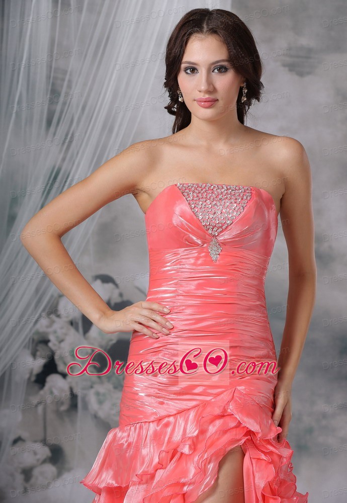 Beaded Decorate Bust Ruched Watermelon Red High Slit Brush Train  Prom / Evening Dress