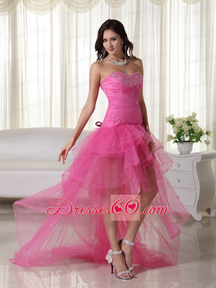 Pink A-Line / Princess High-low Organza Beading Prom Dress