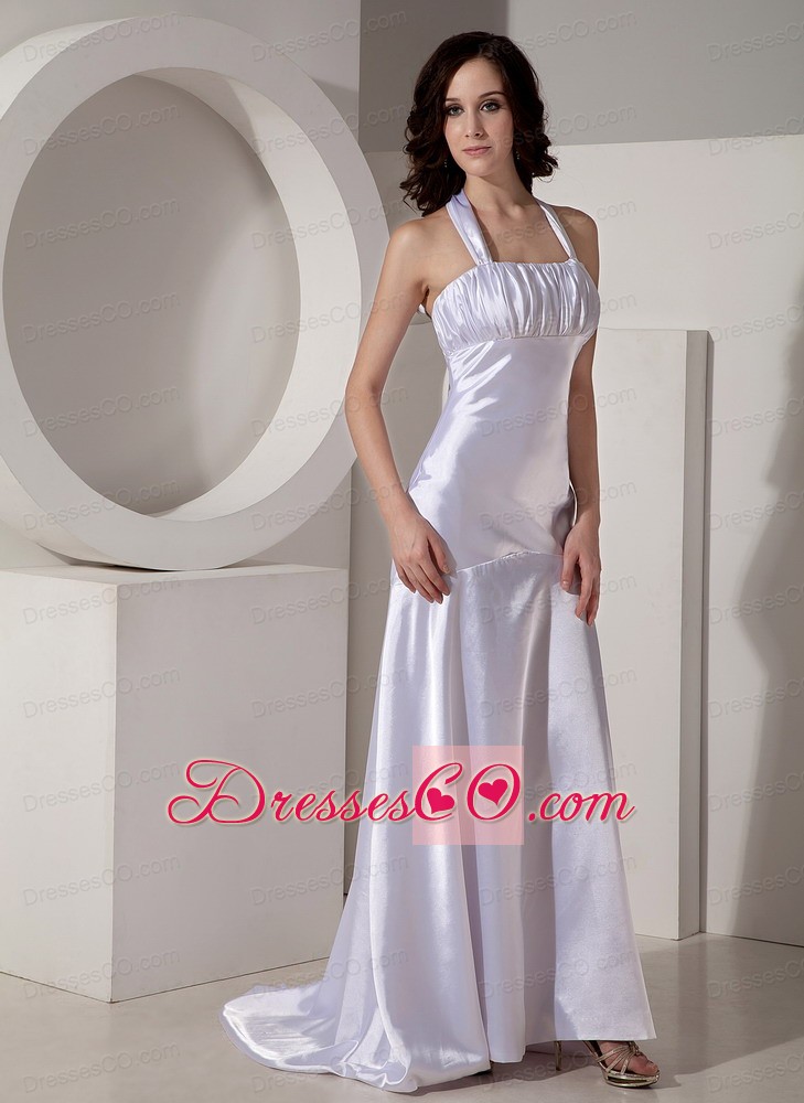 Modest White Halter Top Watteau Train Prom Dress