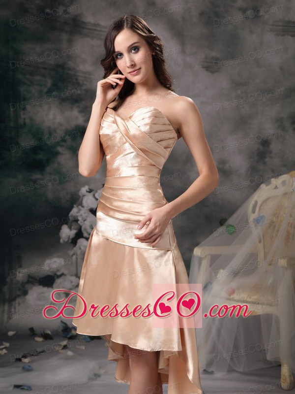 Champagne Column High-low Satin Ruching Prom Dress