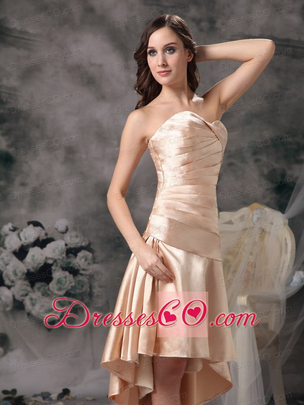 Champagne Column High-low Satin Ruching Prom Dress