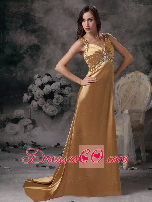 Gold Straps Elegant Prom Dress Taffeta Beading Brush Train