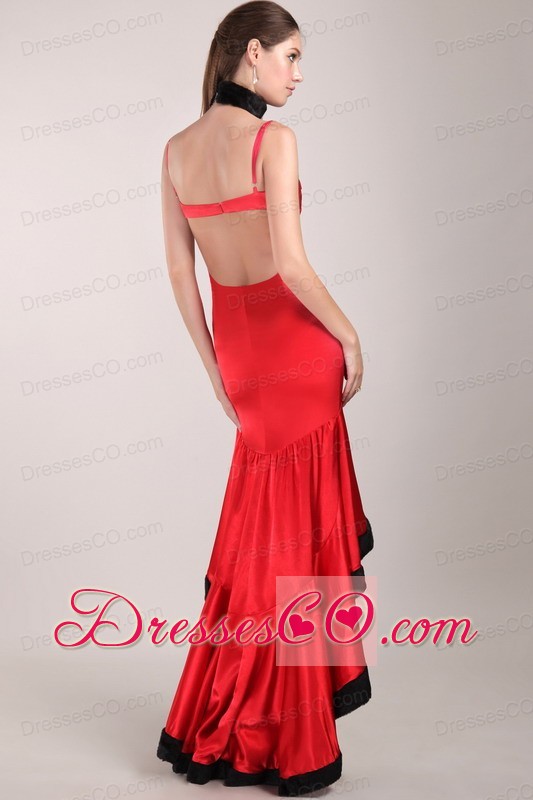 Red and Black Column Straps High-low Beading Prom Dress