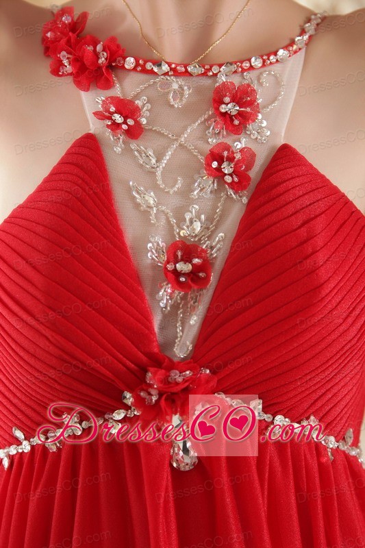 Red Empire Scoop Court Train Chiffon Beading Prom Dress