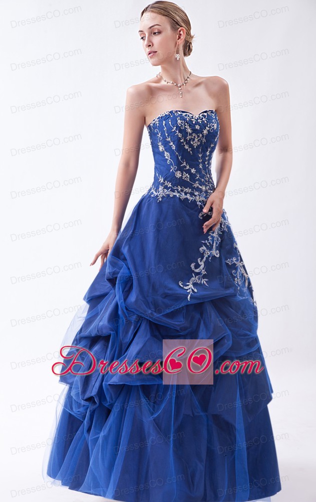 Blue A-line Prom Dress Appliques Long Taffeta And Tulle