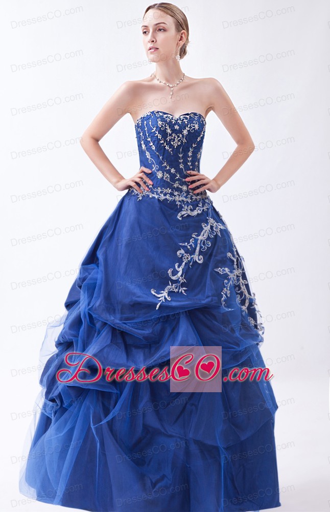Blue A-line Prom Dress Appliques Long Taffeta And Tulle