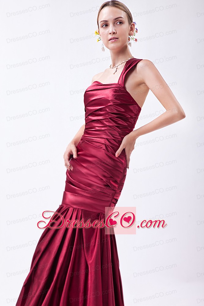 Wine Red Mermaid One Shoulder Prom Dress Taffeta Ruching Long